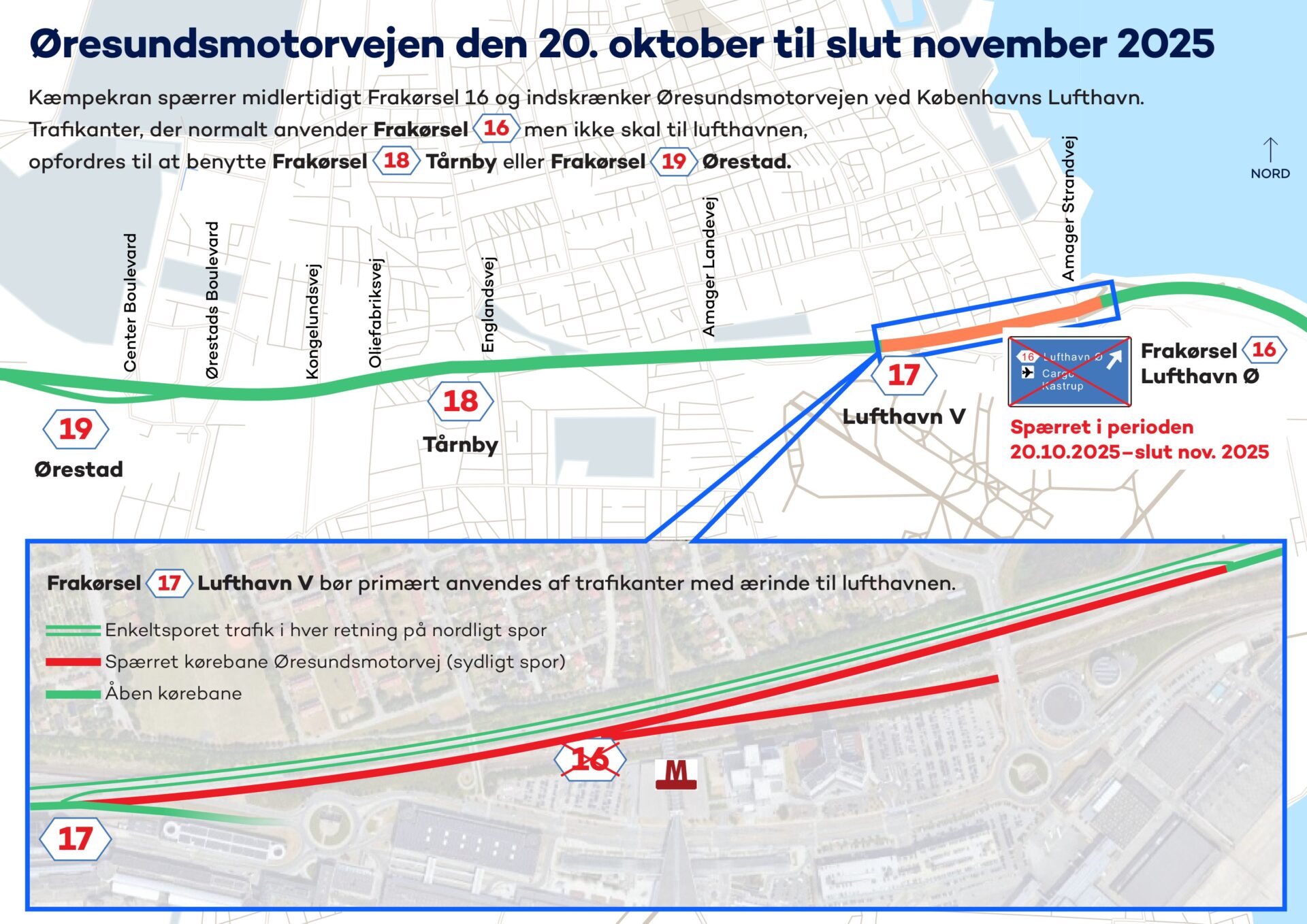    Ett kranarbete vid utbyggnaden av stationen på Köpenhamns flygplats påverkar trafiken på Öresundsmotorvägen från den 20 oktober. Illustration: Øresundsbron. 