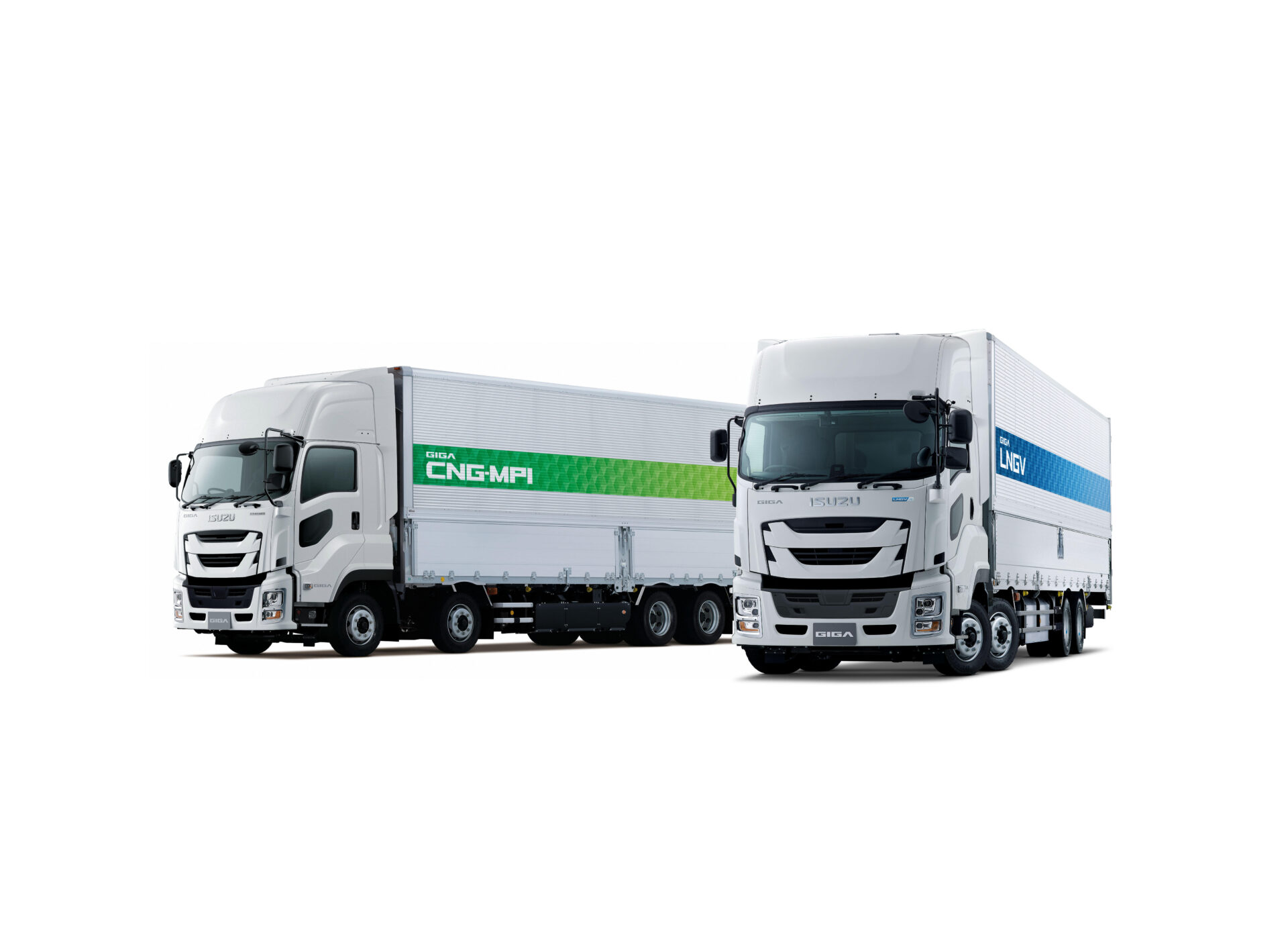 Från vänster Giga CNG därefter Giga LNG. Foto: Isuzu Motors.