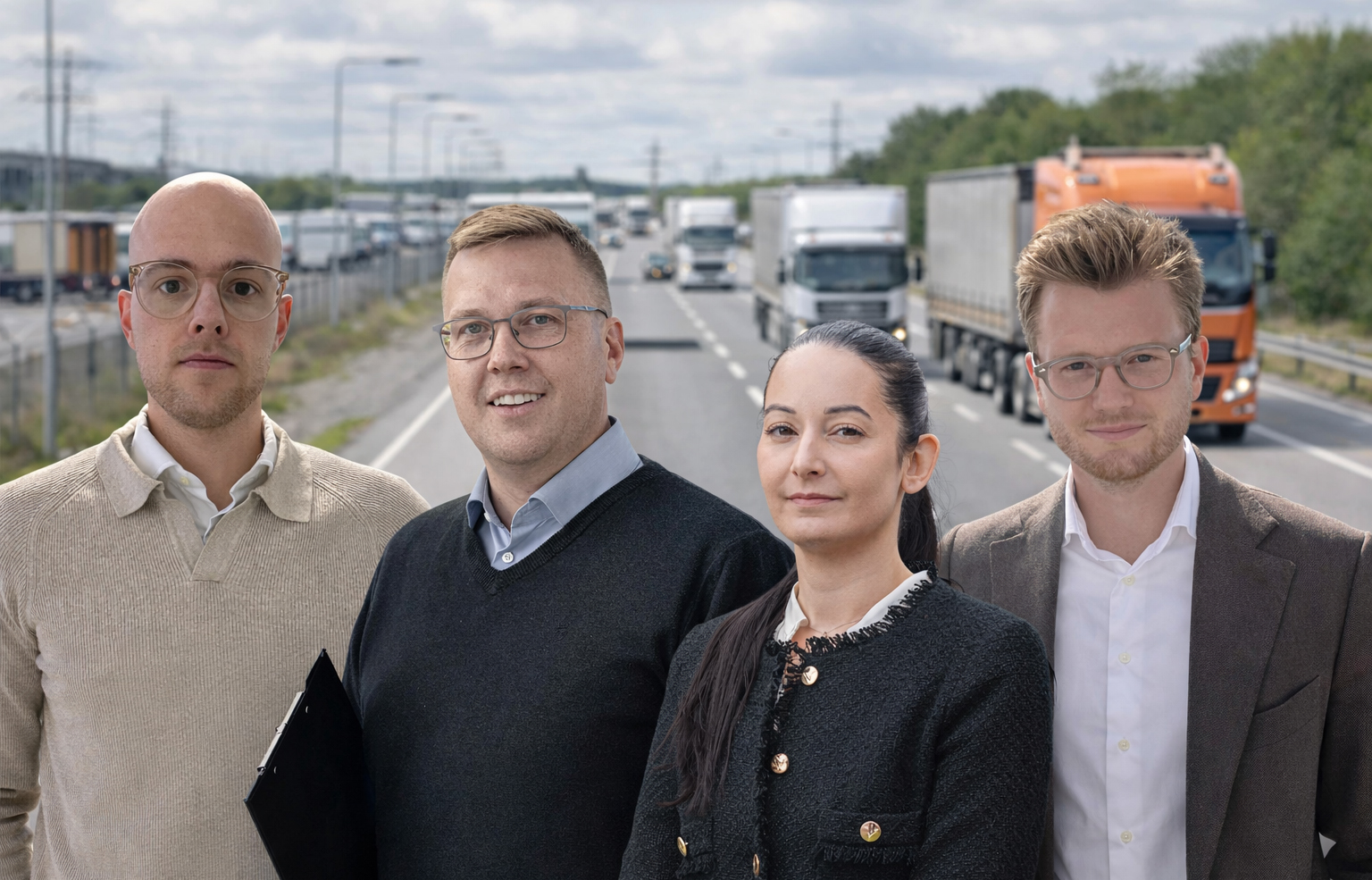 Från vänster den dynamiska trion Kevin Green, Martin Andersson, Sara Andréasson som flankeras av Simon Palme som rekryterades till en nyinrättad tjänst som näringspolitisk strateg. Foto: Sveriges Åkeriföretag.