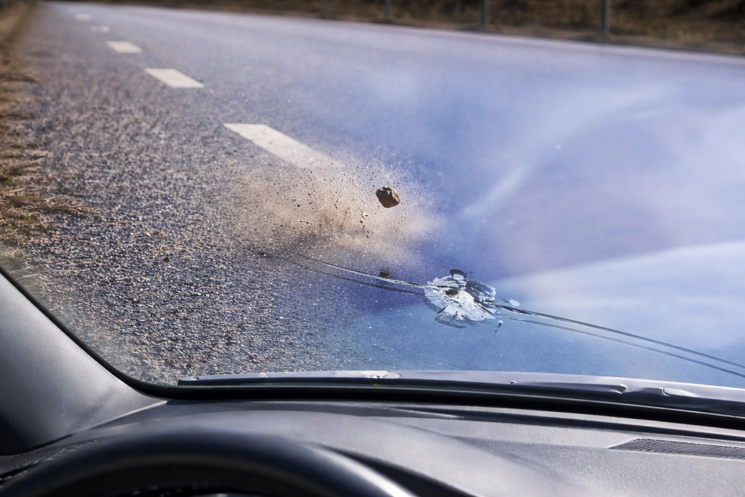 Förutom grus från halkbekämpning, bidrar skadade vägar också till stenskott. Foto: Göran Rosengren, montage