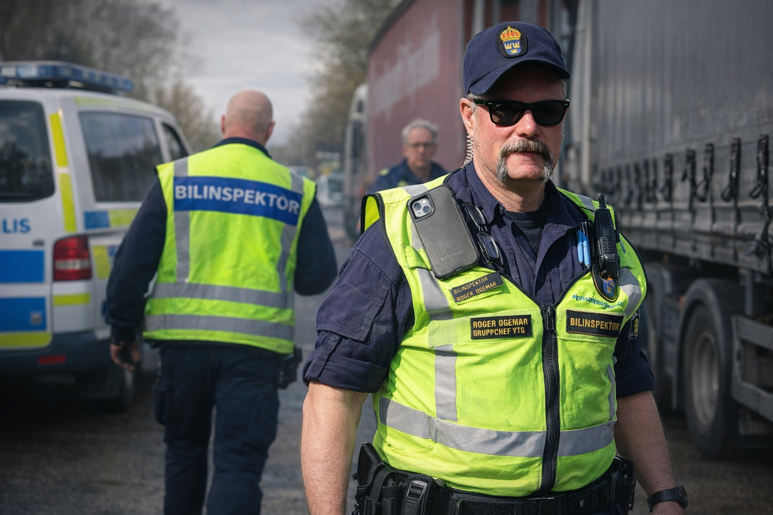 Roger Ogemar, gruppchef på yrkestrafikgruppen i Västerås, ser gärna att yrkeschaufförer söker sig till trafikpolisens kontrollverksamhet. Foto: Göran Rosengren/fotomontage