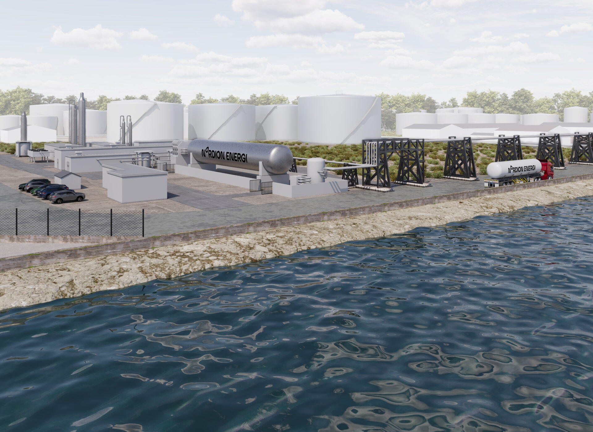 Nu har man börjat bygga denna visionsbild av den nya förvätskningsanläggningen för biogas i Göteborgs Hamn som beräknas stå klar i början av 2027. Bild: Nordion Energi. 