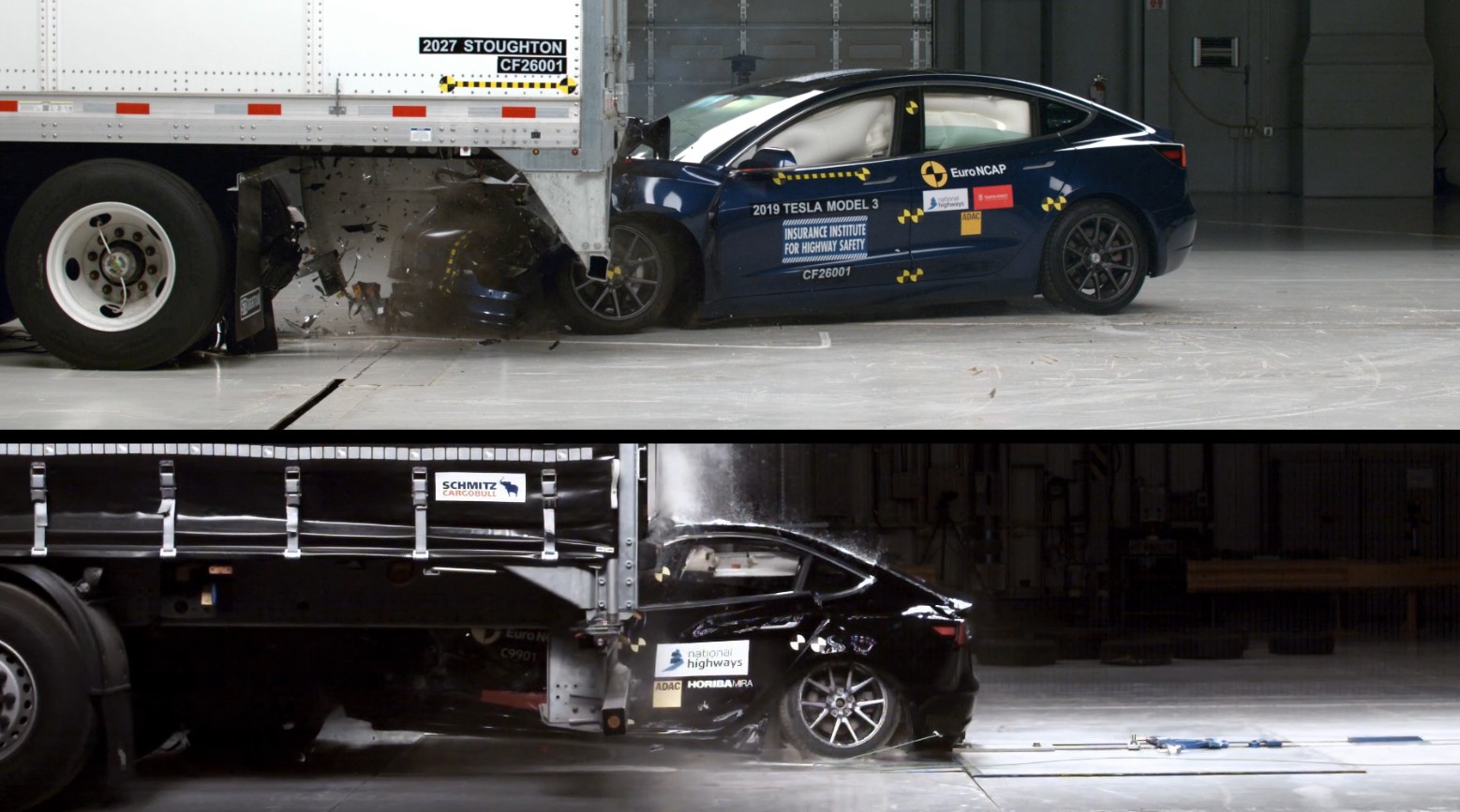   Krocktest med och utan underkörningsskydd på lastbilssläp. Foto: Euro NCAP. 