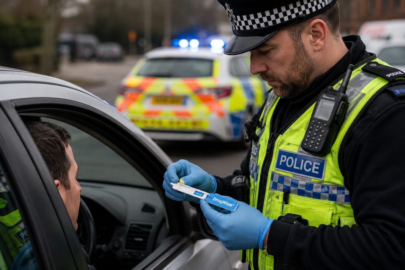   Brittisk Polis har numera flera verktyg till sitt förfogande. Här en polis som utför ett drogtest. Foto: IAM RoadSmart.